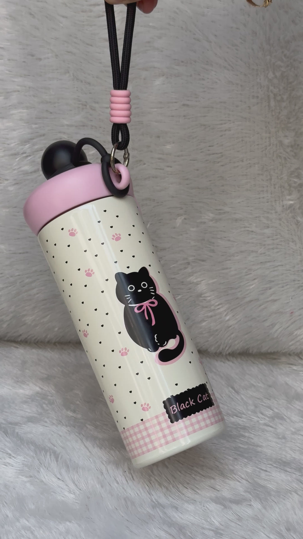 Bow Catty Stainless Steel Tumbler Water Bottle for Kids & Adults, Black Ball Lid Series, 650ml-Black