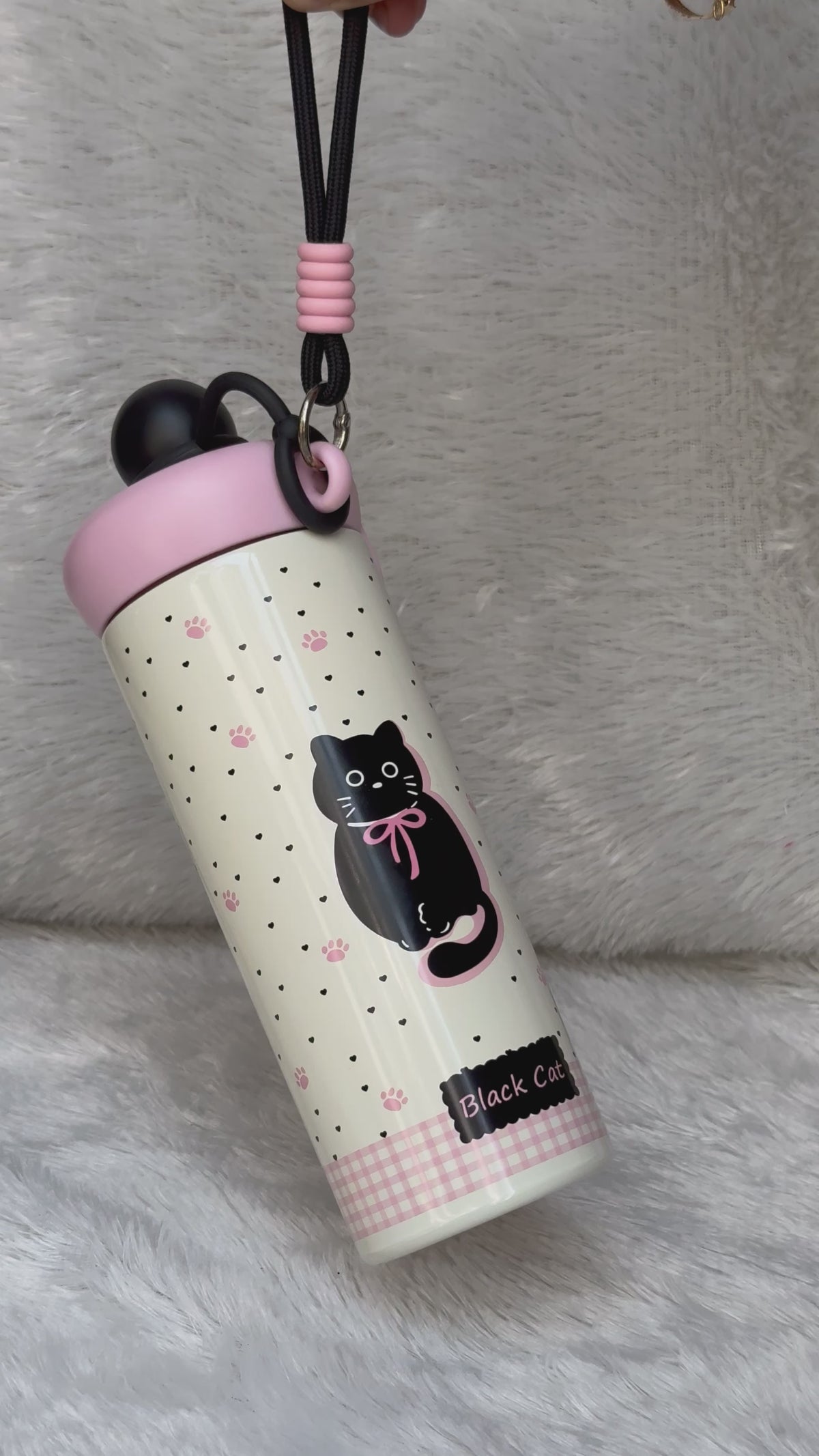 Bow Catty Stainless Steel Tumbler Water Bottle for Kids & Adults, Black Ball Lid Series, 650ml-Black