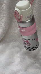 "Hello" series stainless steel vacuum-insulated water bottles 600 ml featuring cute cartoon character graphics and colorful silicone grip bands.