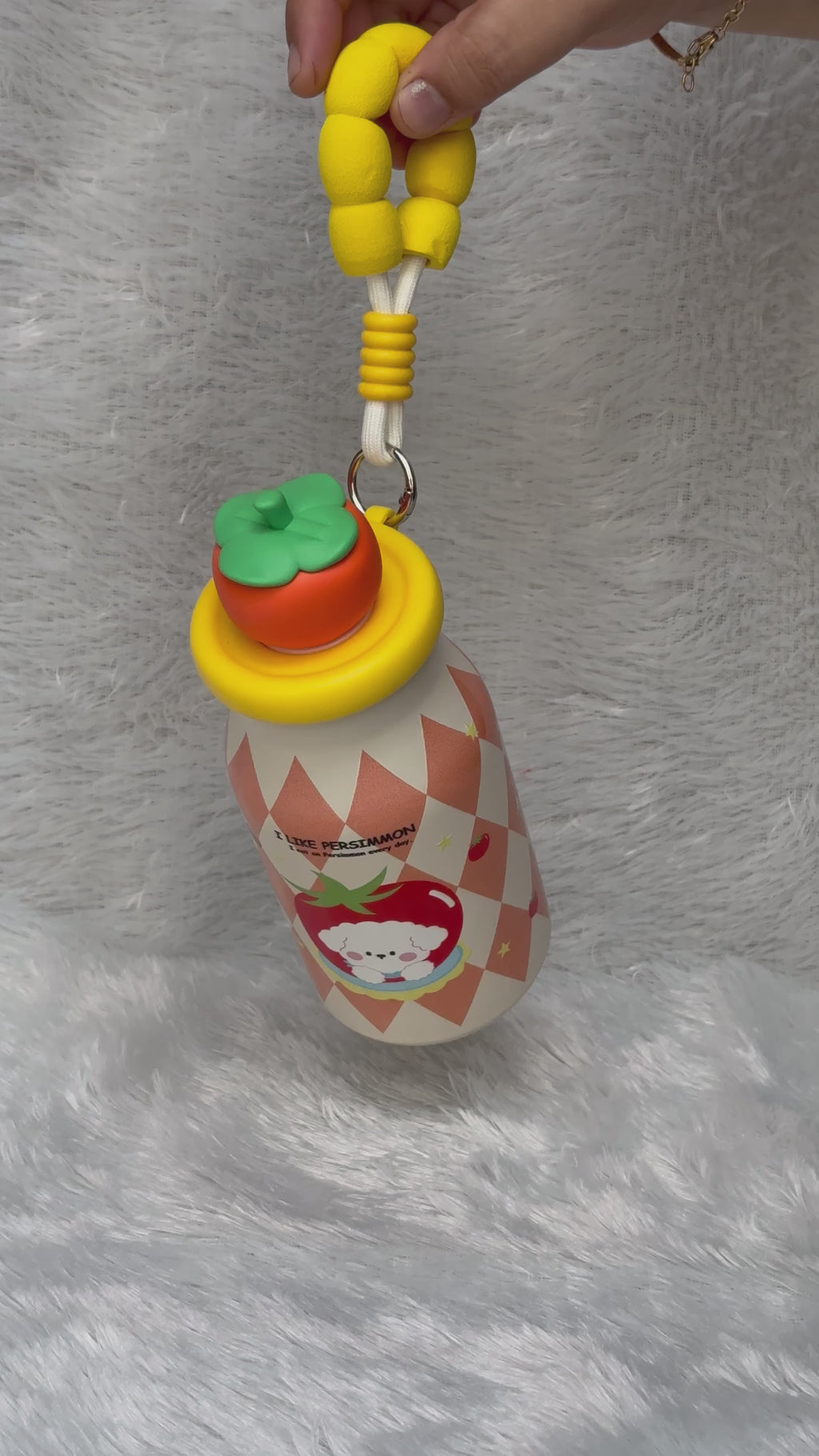 Cute Fruit Lid Insulated Water Bottle 400ml with Straw & Beaded Strap for Kids