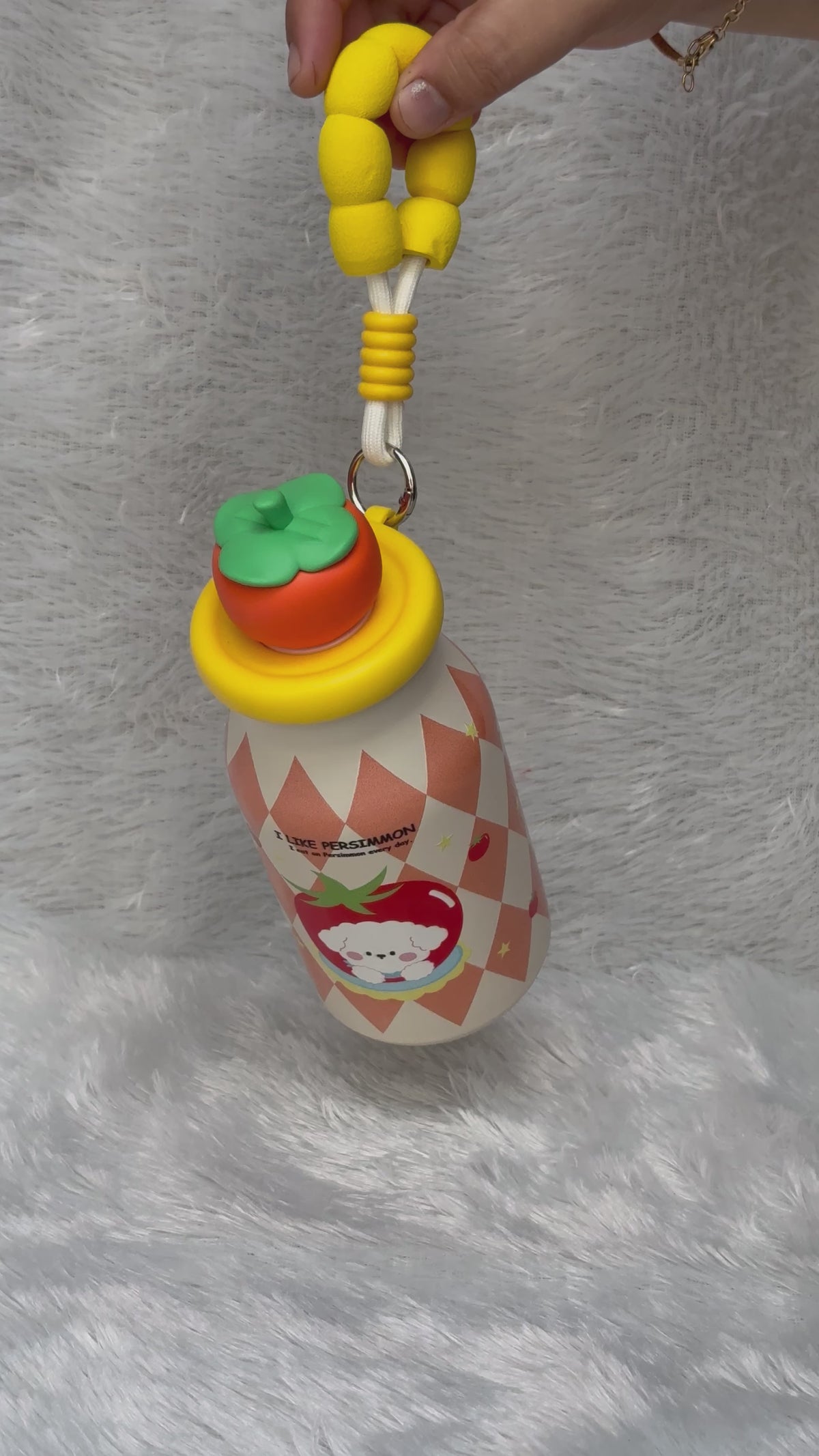 Cute Fruit Lid Insulated Water Bottle 400ml with Straw & Beaded Strap for Kids